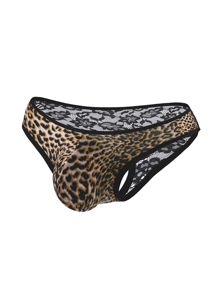 2 Pack Men's Low-Rise Lace-Patched Leopard Print sheer Stretch U-Pouch Bikini | dmunderwear detail image 1