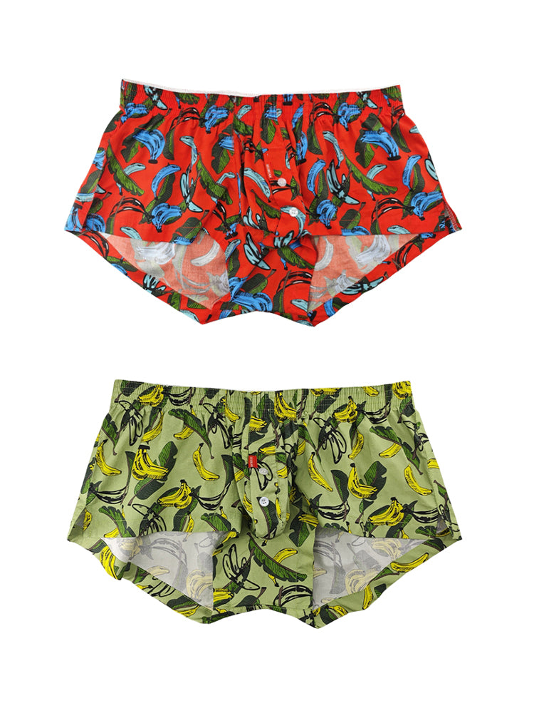 2 Pack Men's Banana Print Cotton Lounge Shorts with Button Fly | dmunderwear variant image