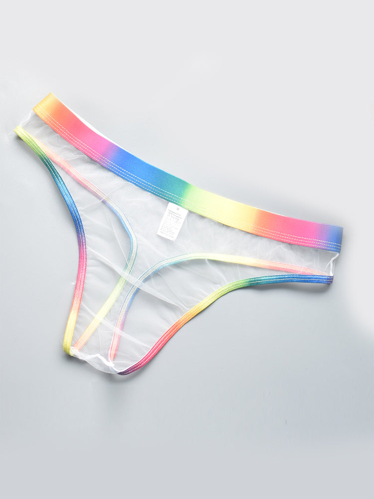 3-pack Men's Rainbow Trim Sheer Mesh Thong | dmunderwear detail image 1