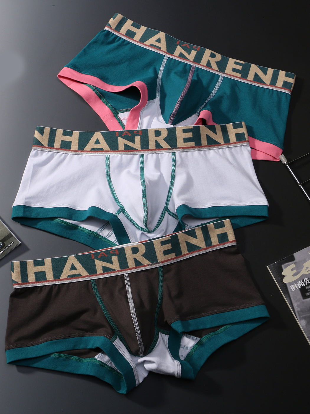 3 Pack Men's Spliced Color Breathable Cotton Trunks | dmunderwear detail image 1