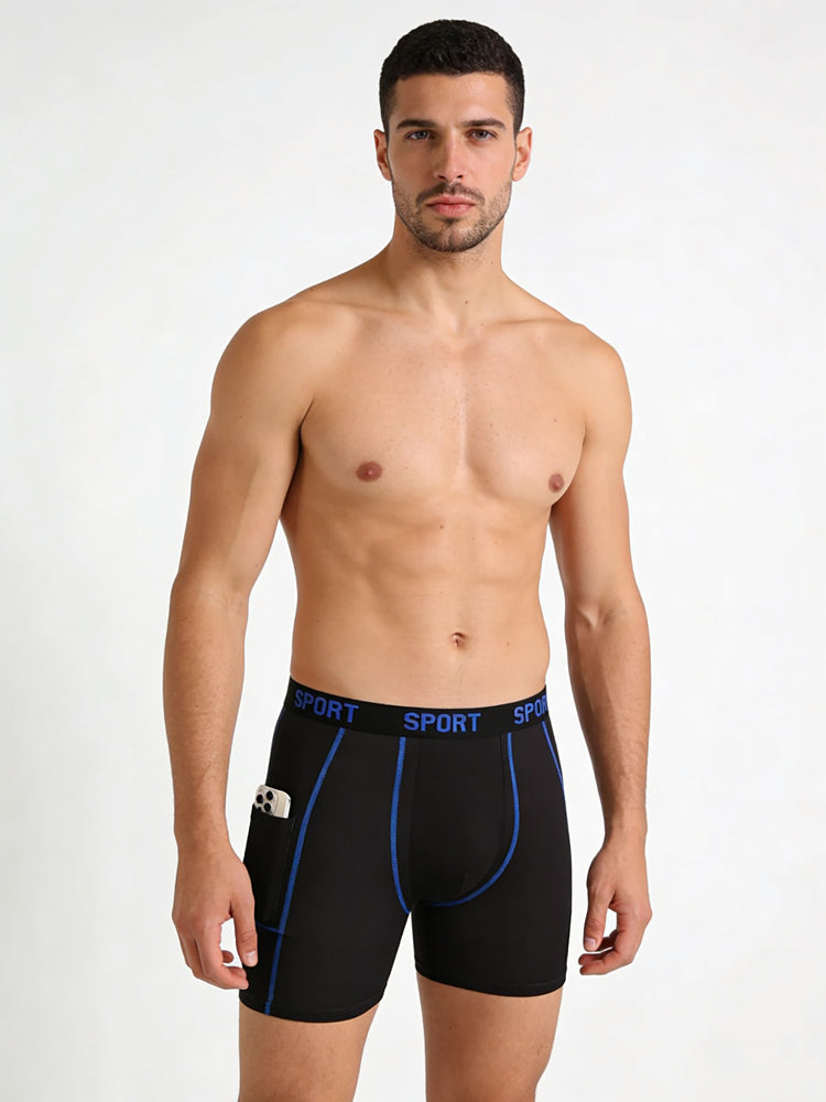 4 Pack Men's Workout Side Pocket Breathable Mid-Length Training Stretch Boxers Briefs | dmunderwear detail image 1