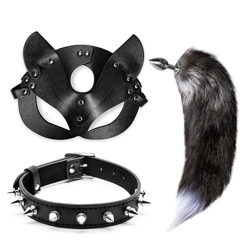 BDSM Furry Butt Plug Kit With Mask & Collar | dmunderwear detail image 1