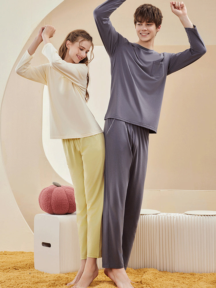 Comfortable Modal Cotton Long Sleeve Couple Pajama Set | dmunderwear detail image 1
