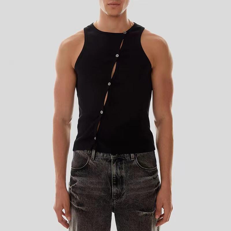 Crewneck sleeveless hollow out bustier button solid top | dmunderwear detail image 1
