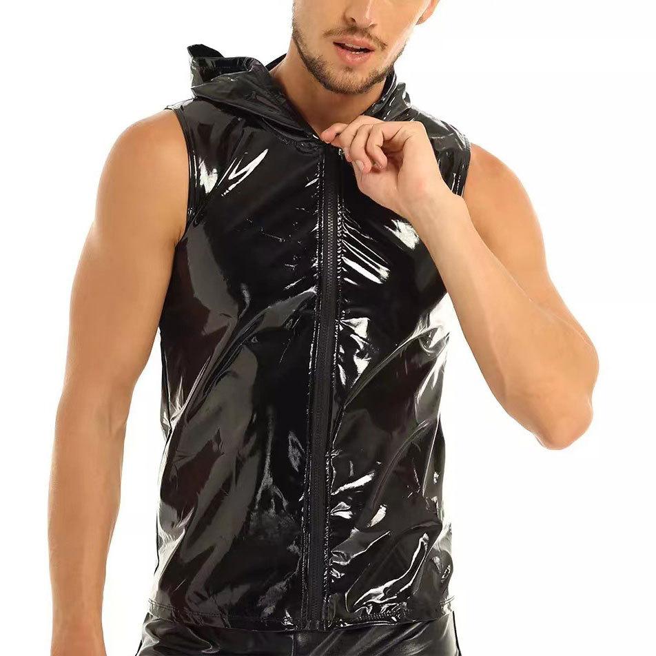 Hoodie zip-up metallic sleeveless patchwork top | dmunderwear detail image 1