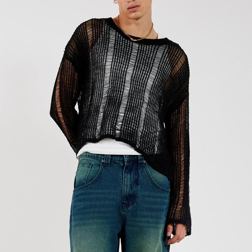 Long sleeve hollow out crewneck crochet solid top | dmunderwear detail image 1
