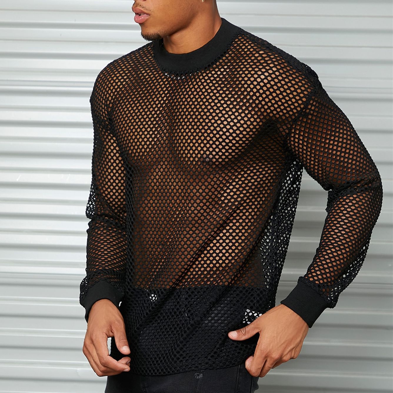 Long sleeve mesh see through hollow out crewneck top | dmunderwear detail image 1