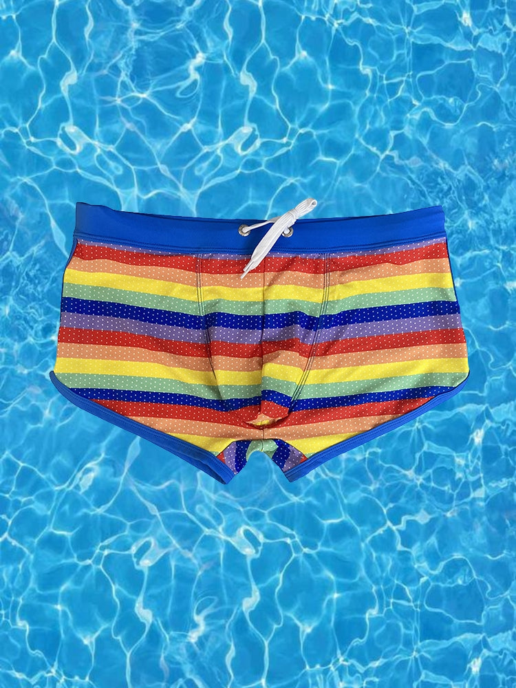 Men's Eco-Friendly Fabric Modern Cut Rainbow Striped Swim Trunks | dmunderwear detail image 1