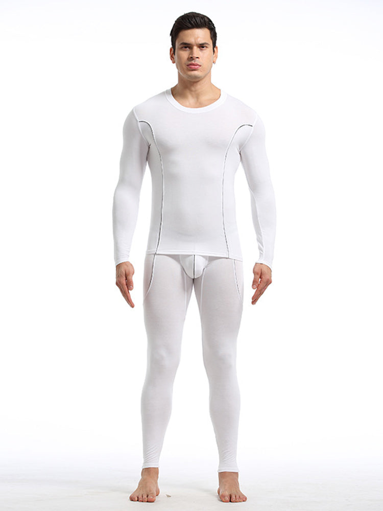 Men's Round Neck Solid Color Bamboo Fiber Thermal Underwear Set | dmunderwear variant image