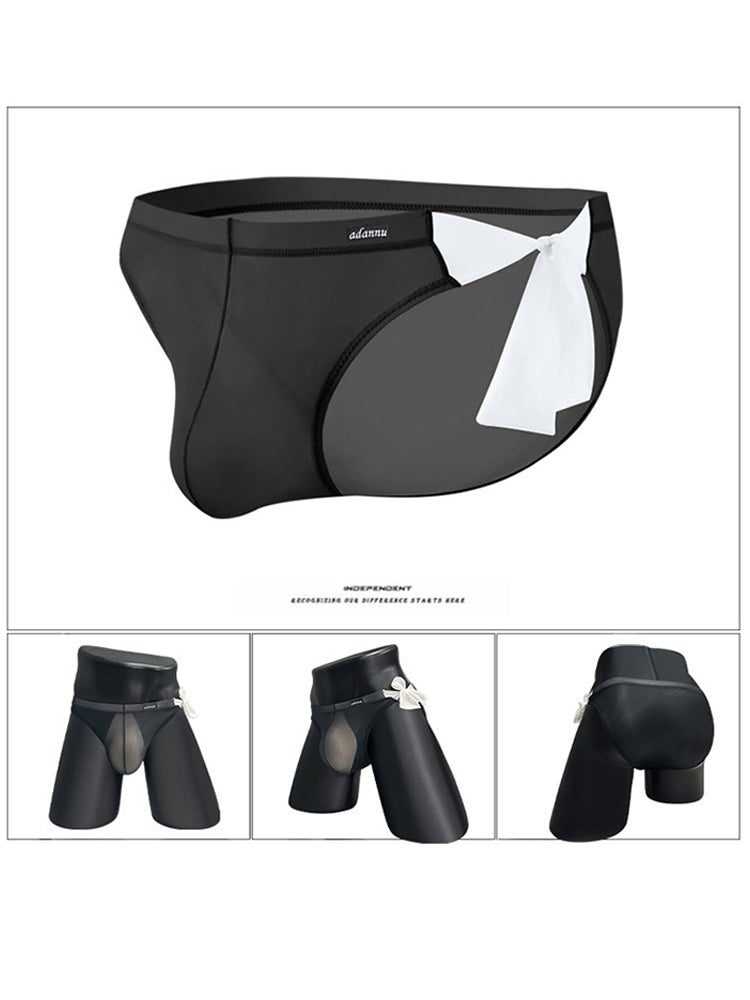 Men's Sexy Translucent Lace-up Briefs with Unfastened U-shaped Large Pouch | dmunderwear detail image 1