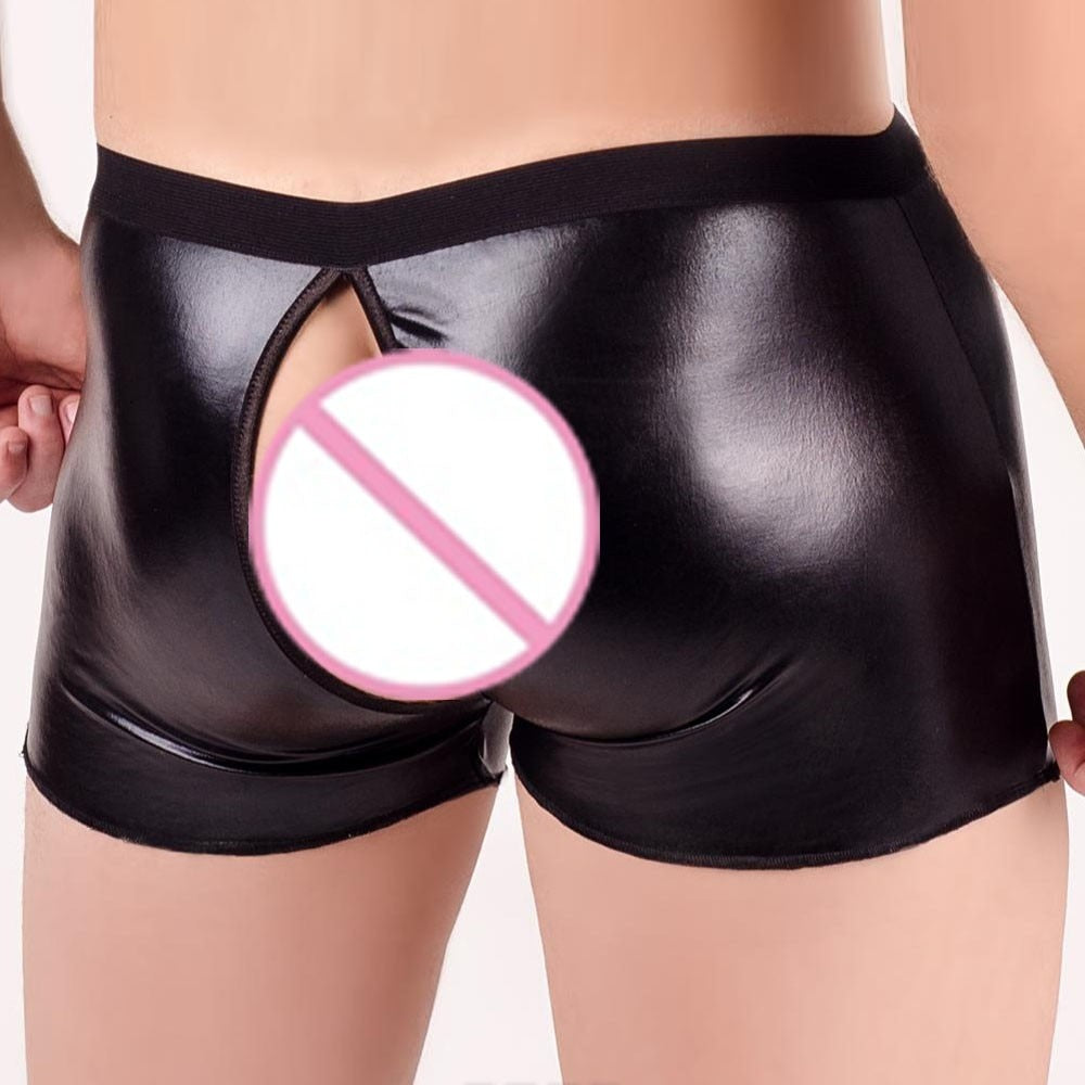 Open Crotch PU Leather Boxer Shorts | dmunderwear detail image 6