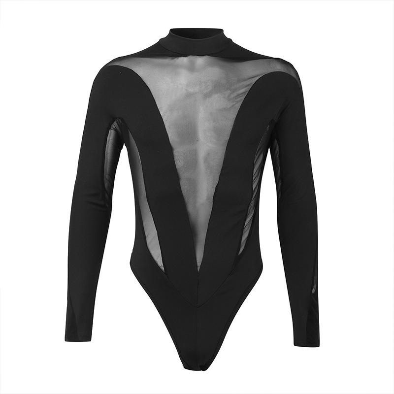 Patchwork mesh long sleeve crewneck button bodysuit | dmunderwear detail image 1