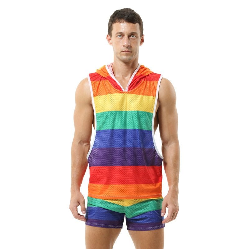 Rainbow Mesh Hoodie Muscle Shirt + Shorts | dmunderwear variant image