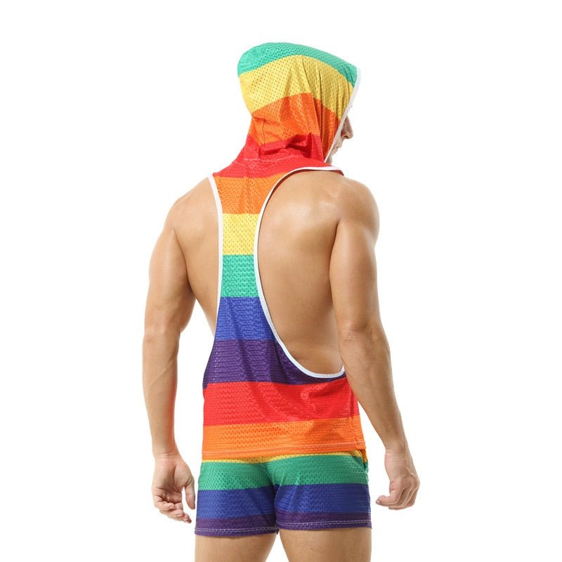 ORVLS Rainbow Mesh Hoodie Muscle Shirt + Shorts | dmunderwear detail image 5