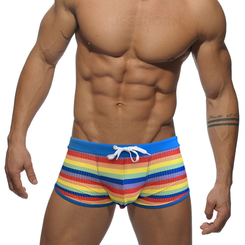Rainbow Mesh Square Cut Swim Trunks | dmunderwear detail image 3