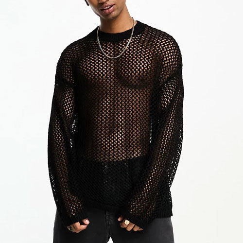 See through hollow out long sleeve crewneck solid top | dmunderwear variant image