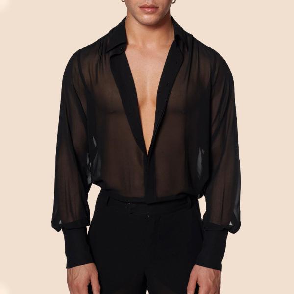 See through long sleeve patchwork button solid top | dmunderwear detail image 1