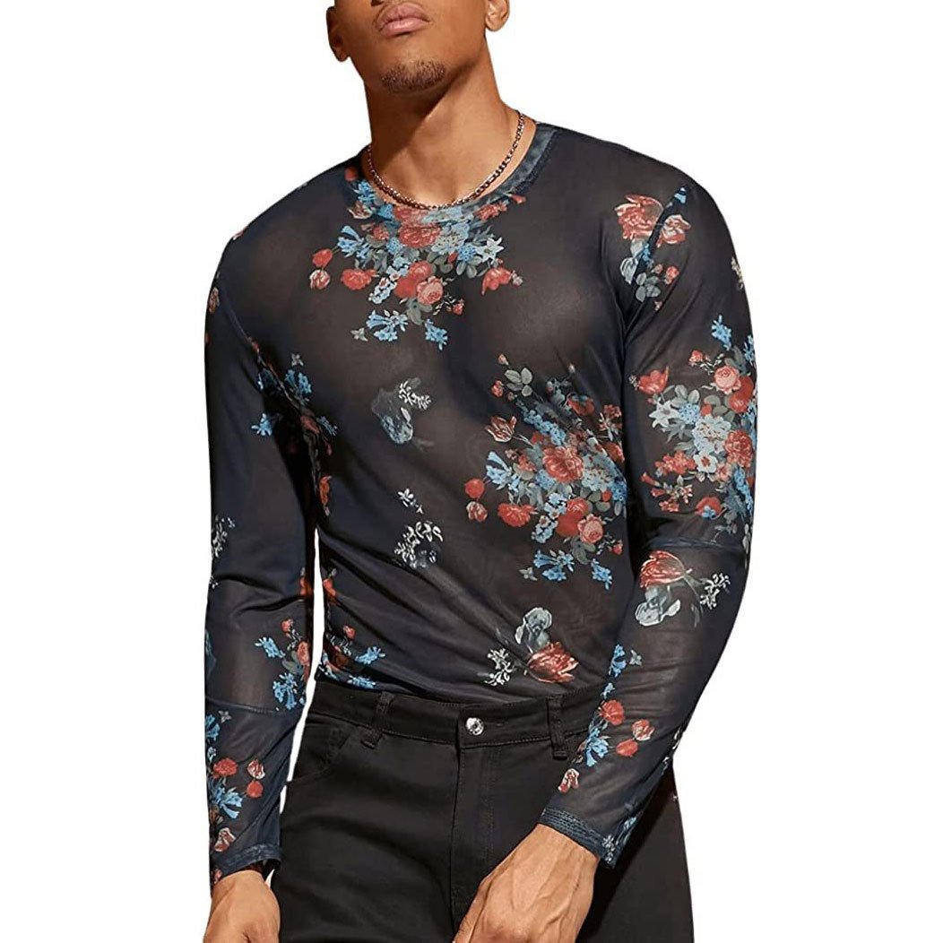sheer mesh see through print long sleeve crewneck top | dmunderwear detail image 1