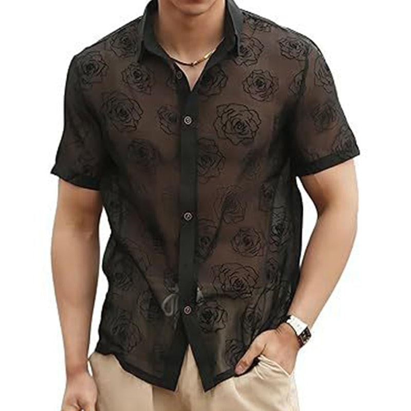Short sleeve turnover collar print button see through top | dmunderwear variant image