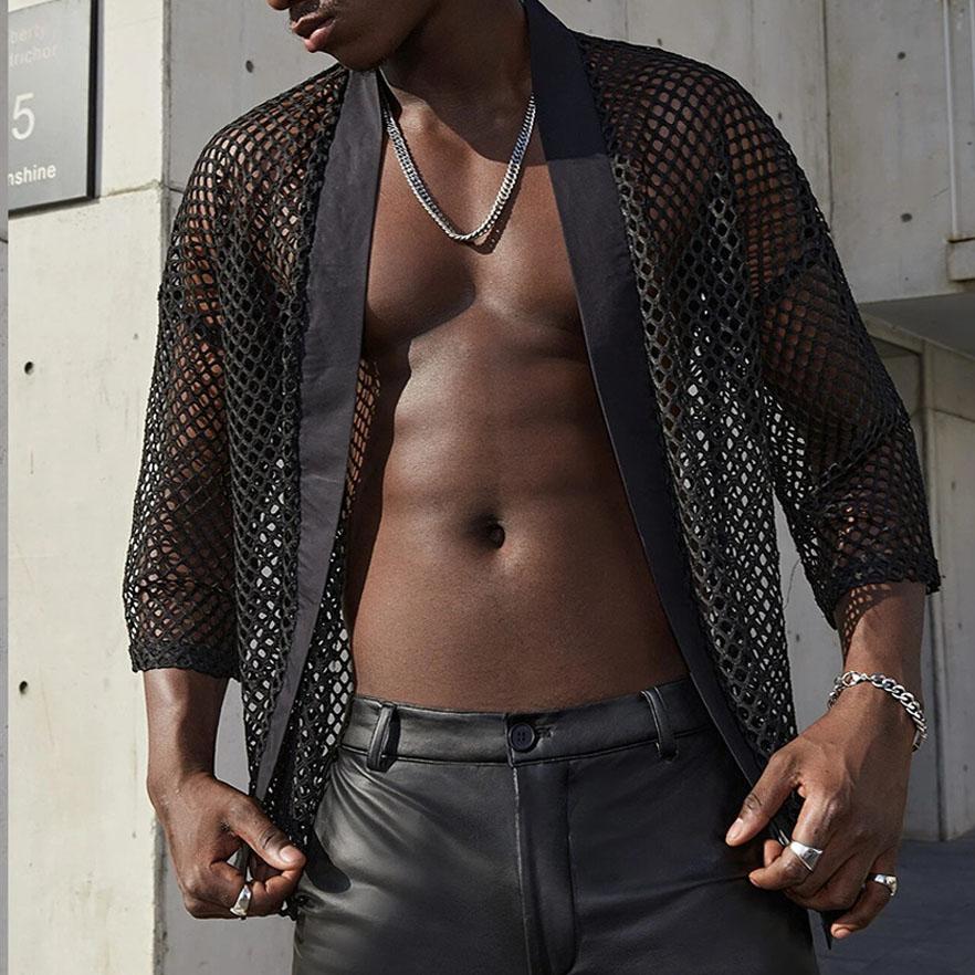 Shrug hollow out patchwork mesh long sleeve top | dmunderwear detail image 1