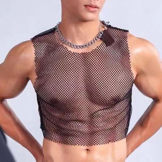 Sleeveless crewneck hollow out see through fishnet top | dmunderwear detail image 1
