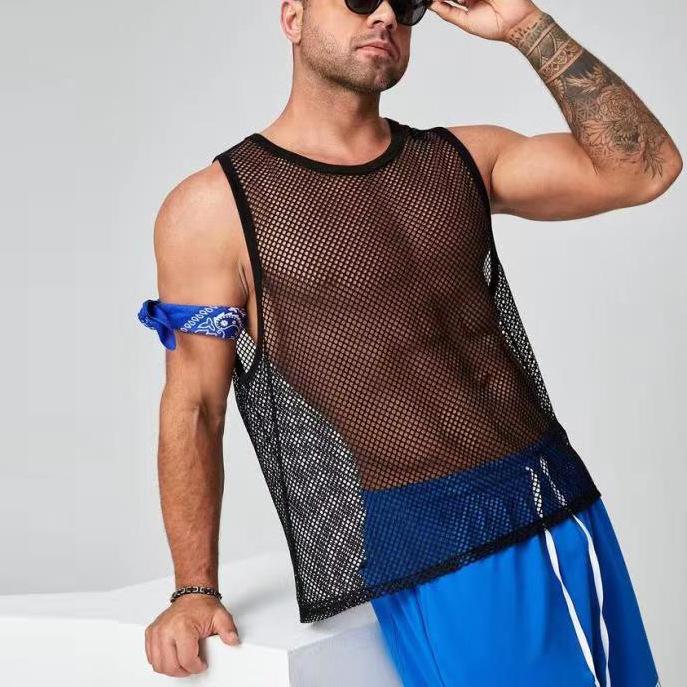 Sleeveless crewneck hollow out see through solid top | dmunderwear detail image 1