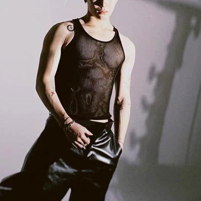 Sleeveless hollow out see through u neck cami top | dmunderwear detail image 1