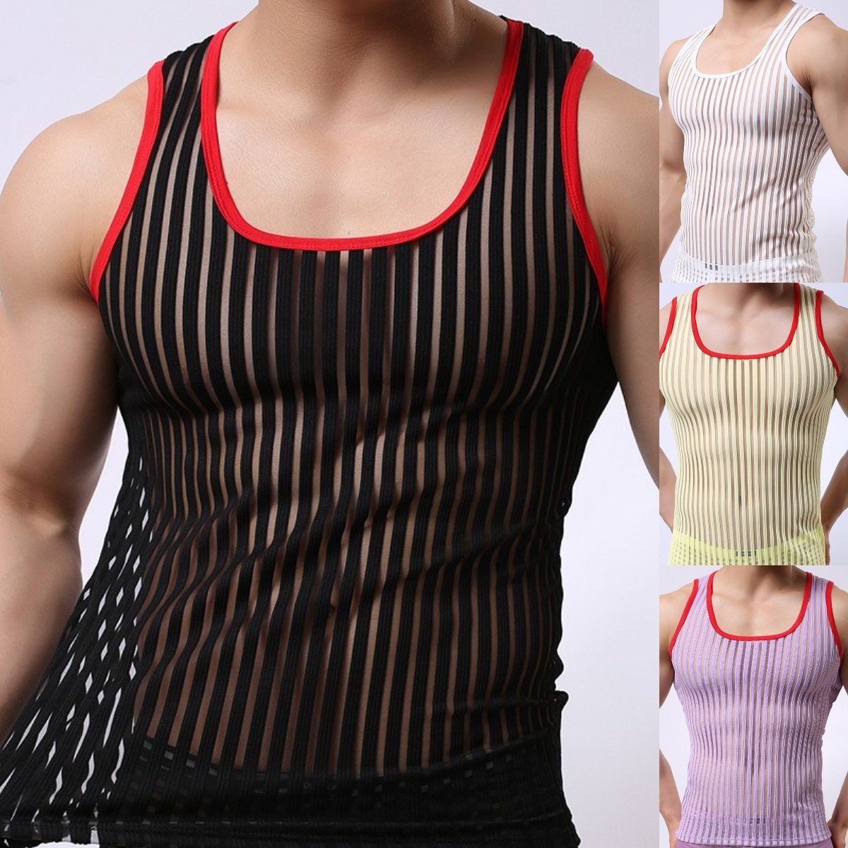 Striped see through mesh u neck contrast sleeveless top | dmunderwear detail image 1