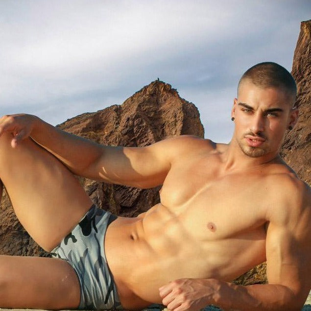 ORVLS Taddlee Grey Camo Square Cut Swim Trunks | dmunderwear detail image 2