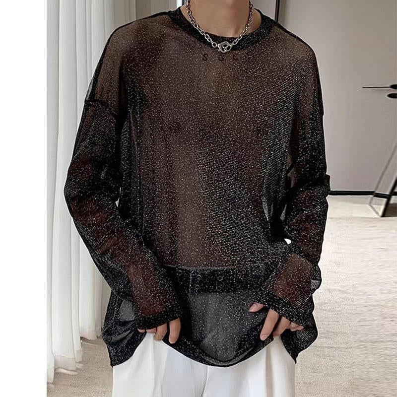Textured see through long sleeve crewneck sheer mesh top | dmunderwear detail image 1