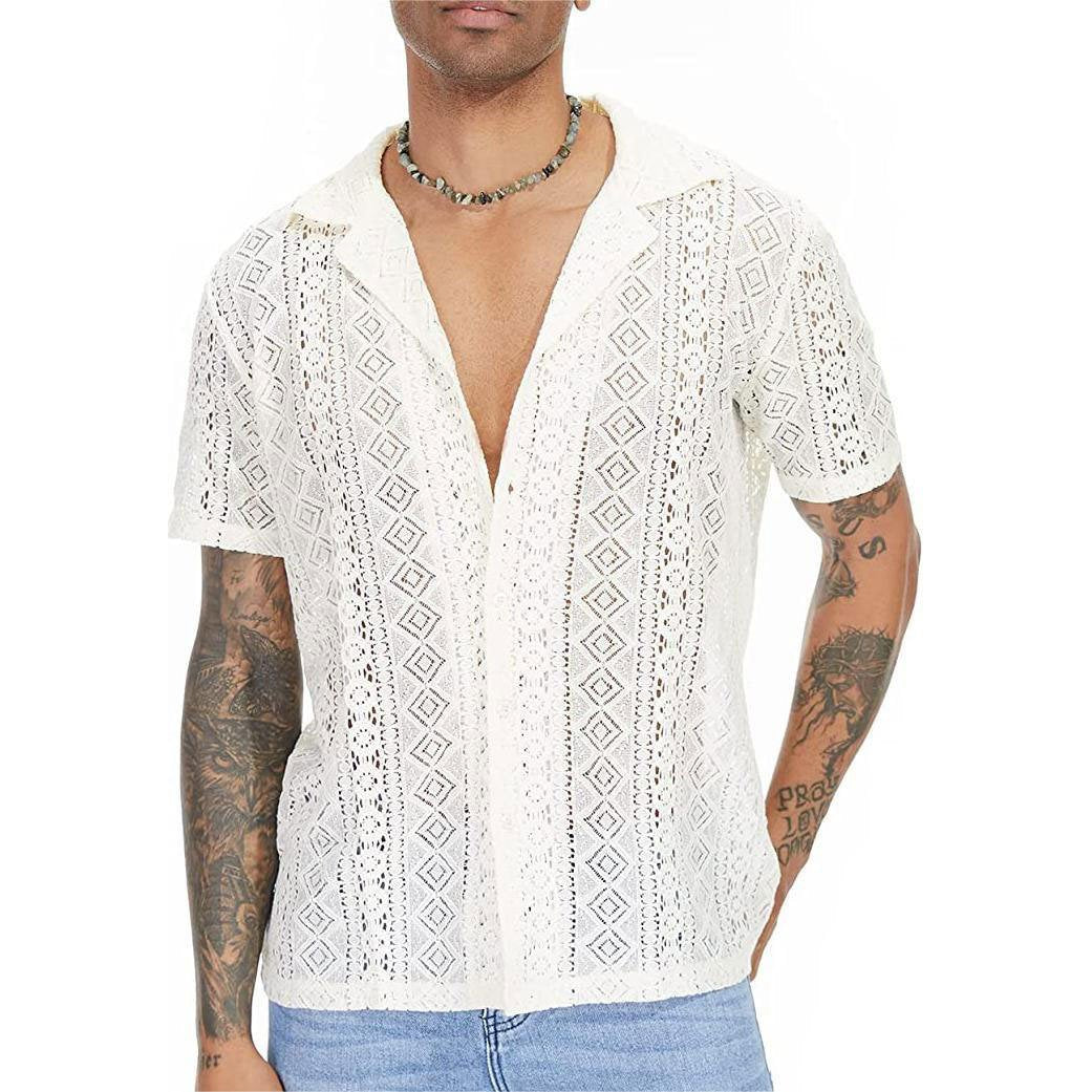 Turnover collar hollow out short sleeve lace hem solid top | dmunderwear detail image 1