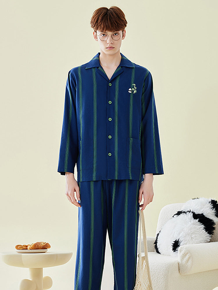 Ultra-Soft Cotton Thin Long-Sleeve Striped Lightweight Luxury Soft Pajama Sets | dmunderwear variant image