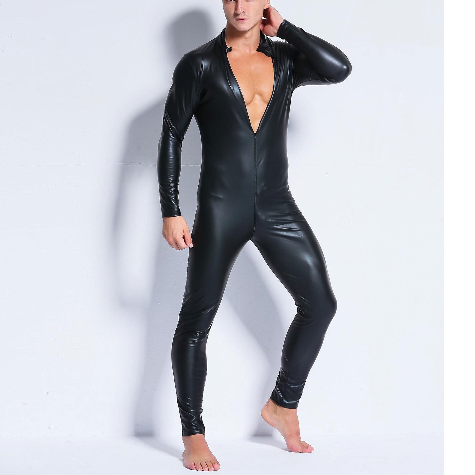 Zip-up long sleeve crewneck metallic solid jumpsuit | dmunderwear detail image 1